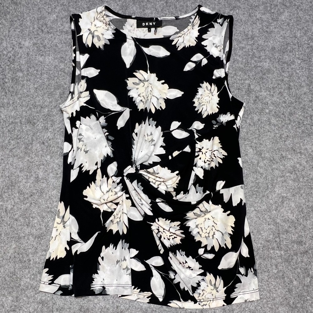 DKNY Womens Small Black White Floral Twist Front Sleeveless Tank Top EUC